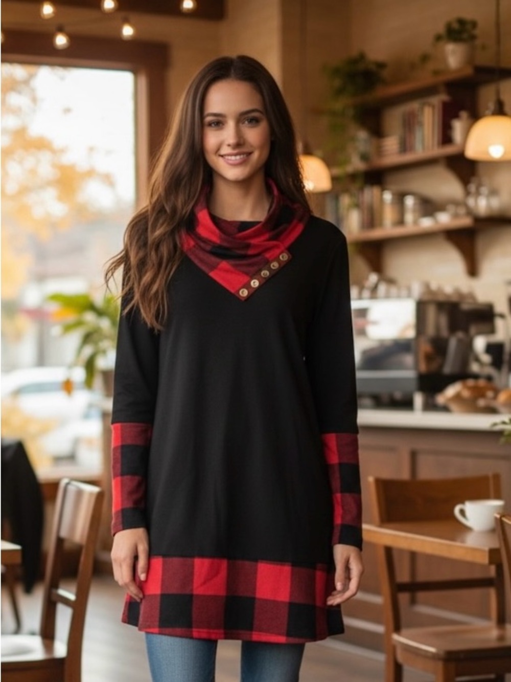 Bebonnie Buffalo Plaid Cowl Neck Tunic Top - Size M - NWT